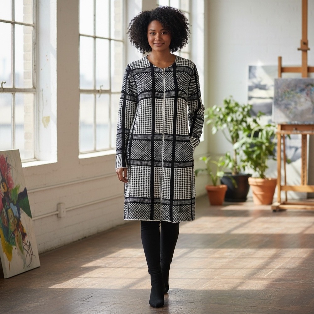 SIONI Black White Knit Coatigan, Long‎ Grid Windowpane Cardigan Sweater Modern